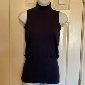 Cache Navy Knit Sleeveless Mock Turtleneck Sweater w/Detailing @ Waist, Size M